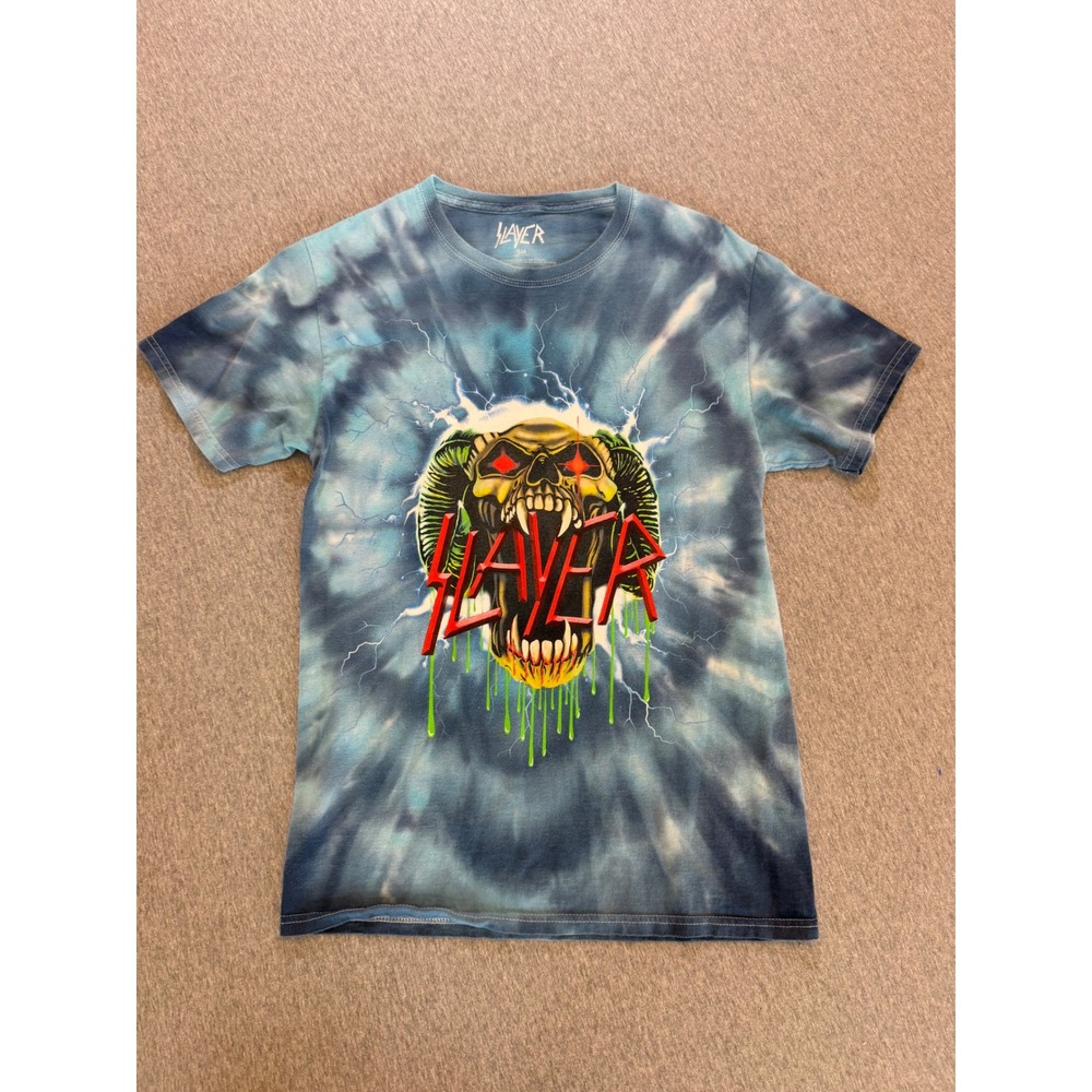 Slayer Skull Graphic Tie Dye T-Shirt Blue Mens Small Rock Band Tee
